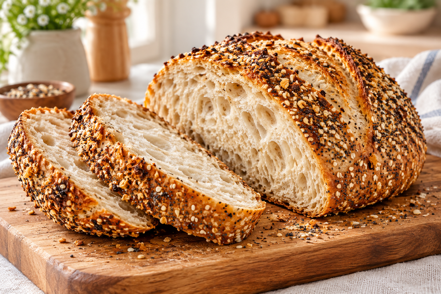 Sliced sourdough loaf topped with everything bagel seasoning on a wooden board.
